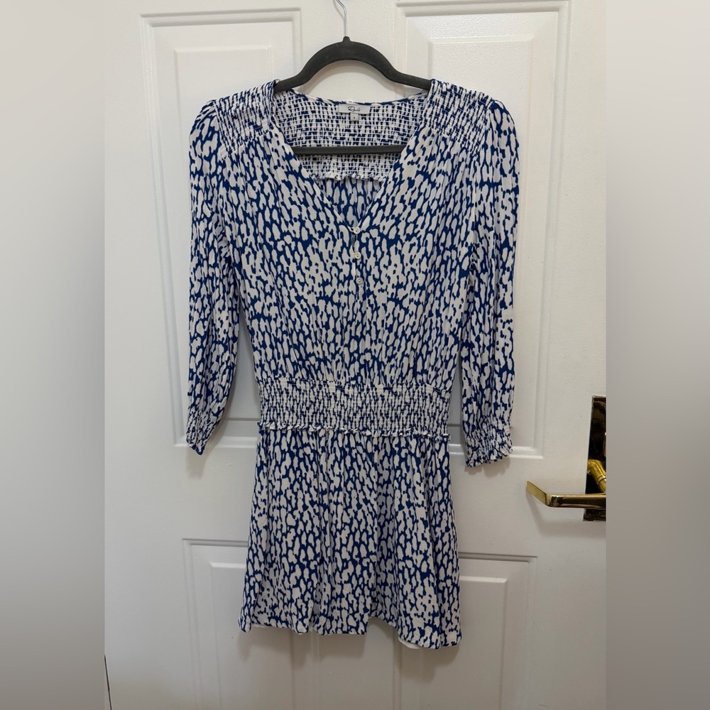 Rails Blue and White Printed Smocked-Waist Long Sleeve Dress